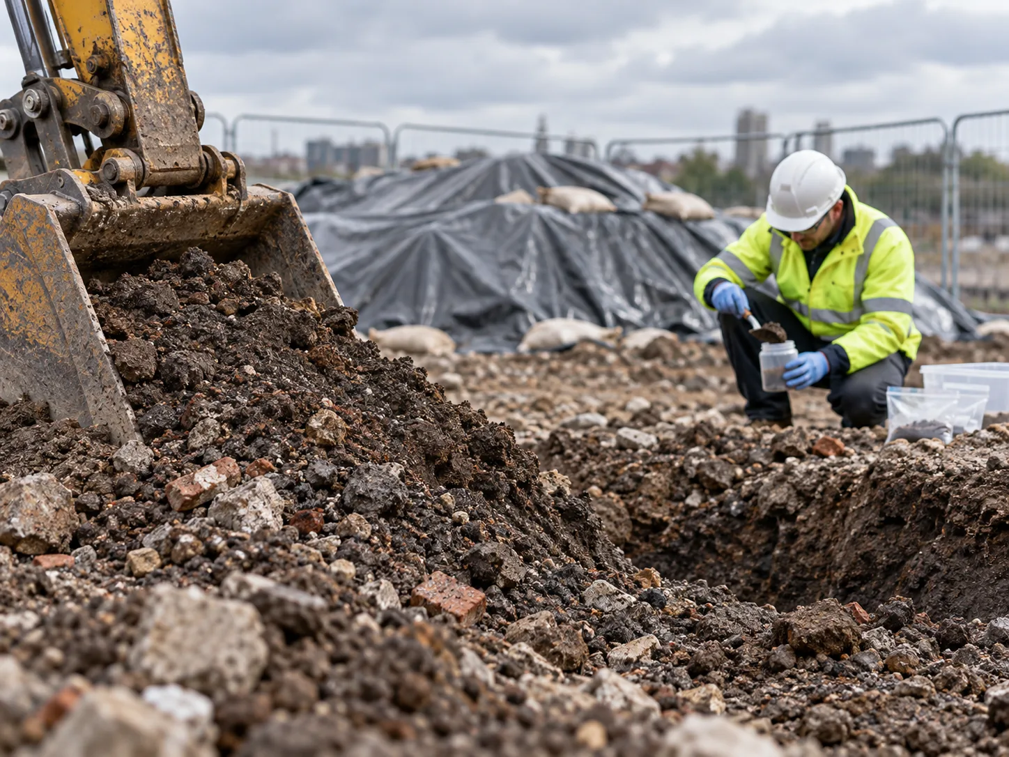 Site worker taking a soil sample beside covered stockpiles