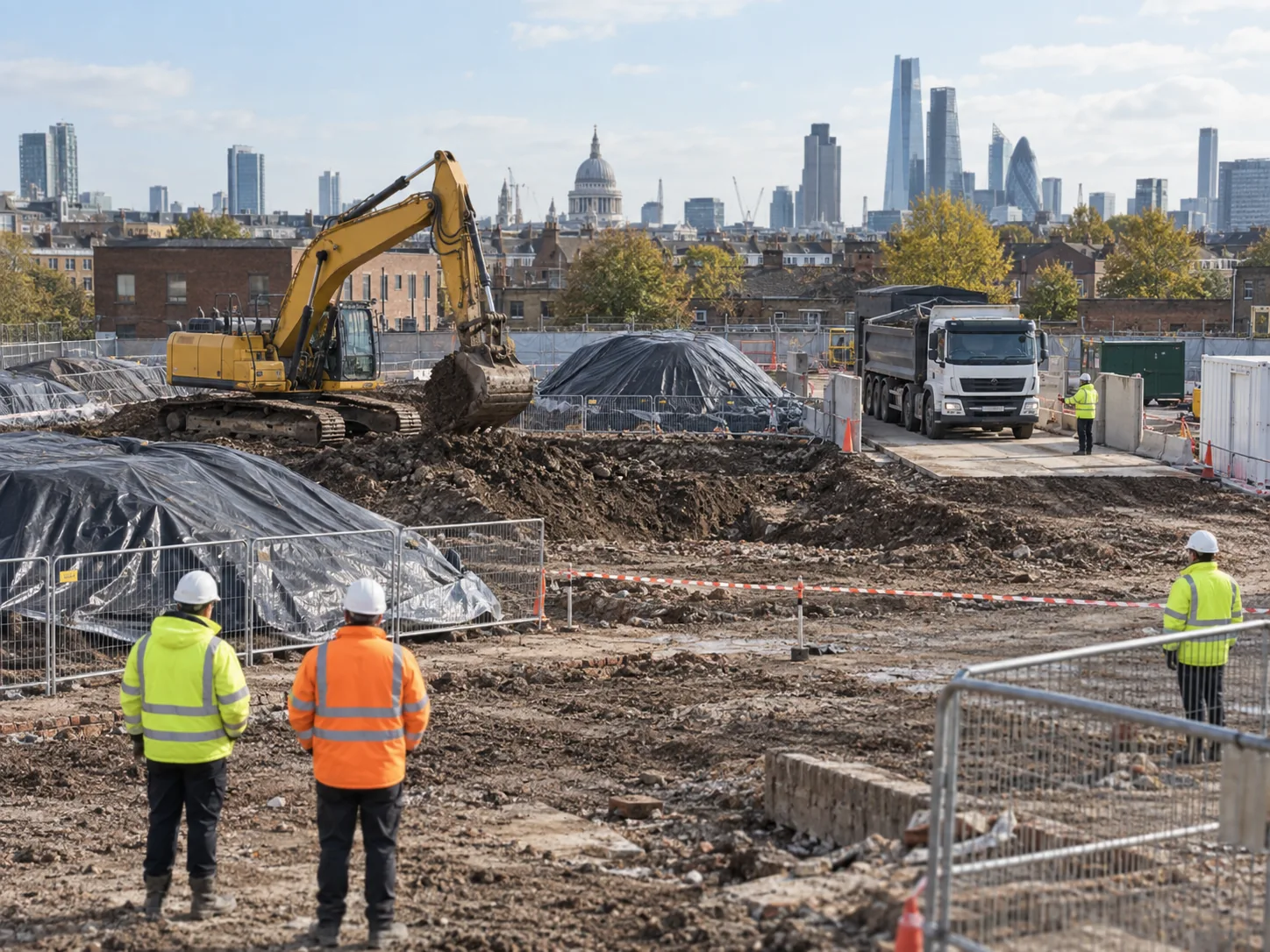 Excavator and tipper at a fenced urban soil-removal site