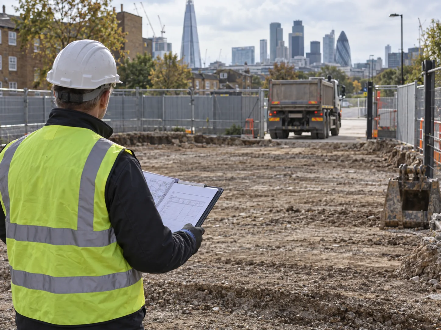 Site worker reviewing paperwork as a lorry leaves a fenced excavation